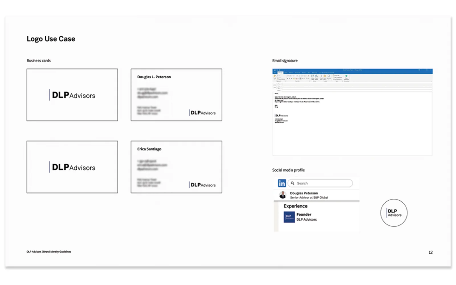 DLP Advisors brand guidelines — logo use cases