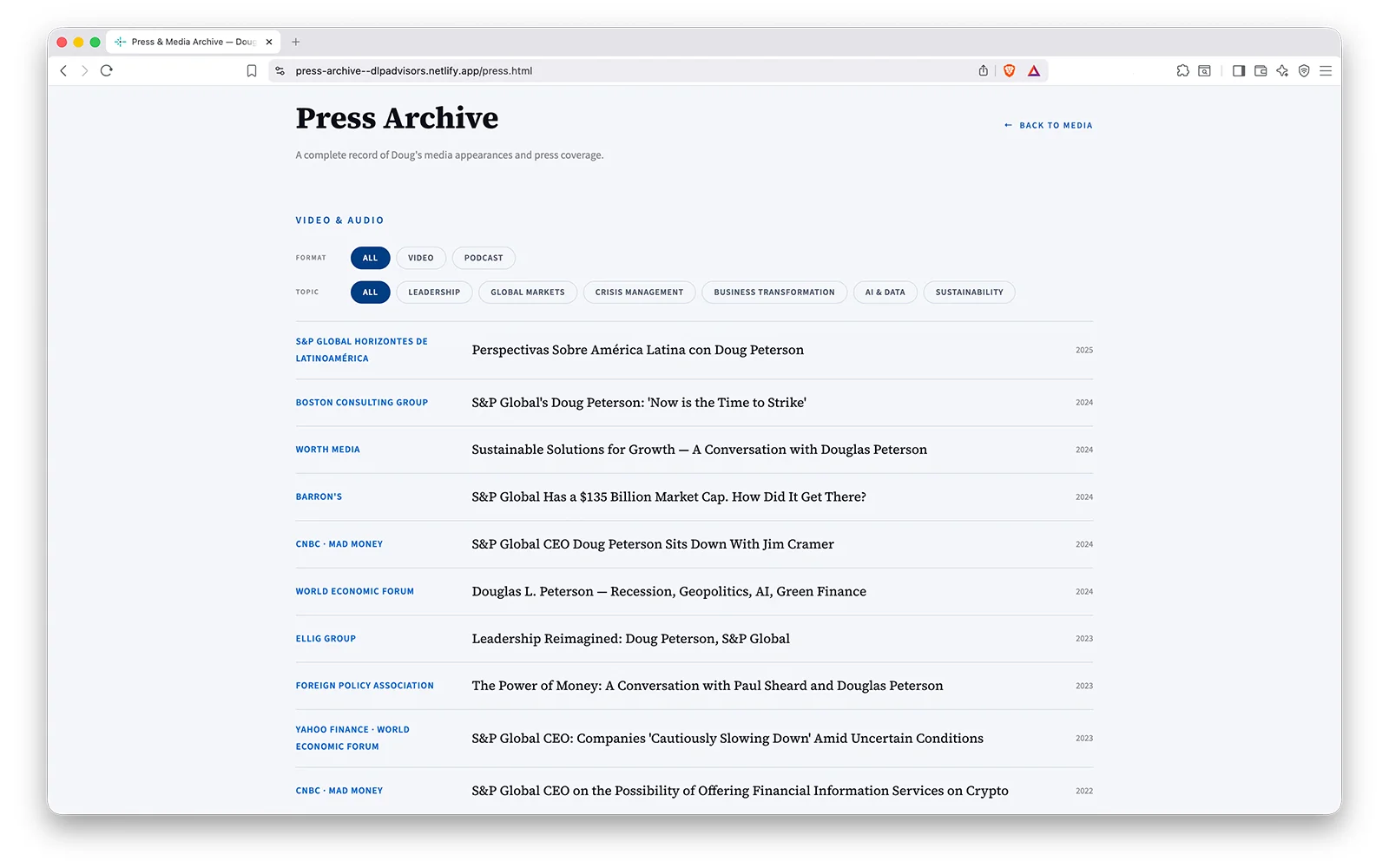 DLP Advisors website — press archive with format and topic filters