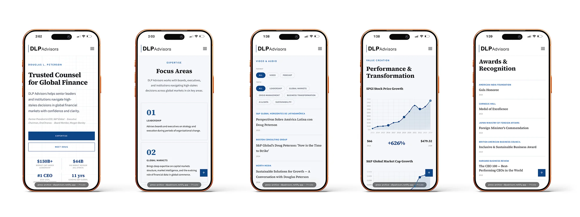DLP Advisors website — mobile pages