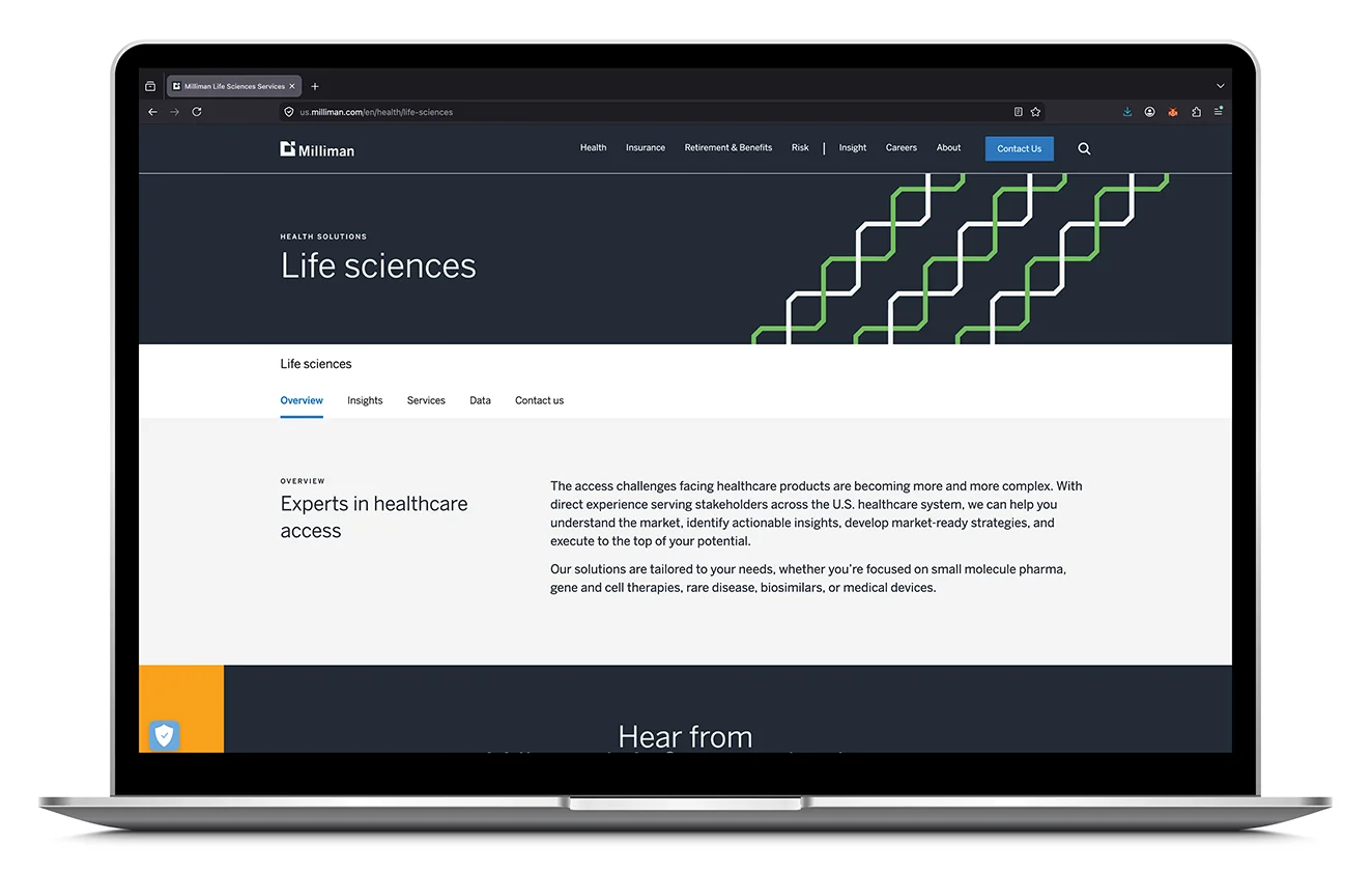 Milliman Life sciences web page on laptop