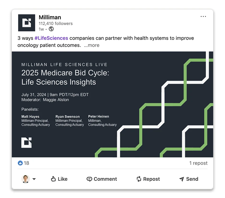 Milliman LinkedIn post for Milliman Life Sciences Live webinar