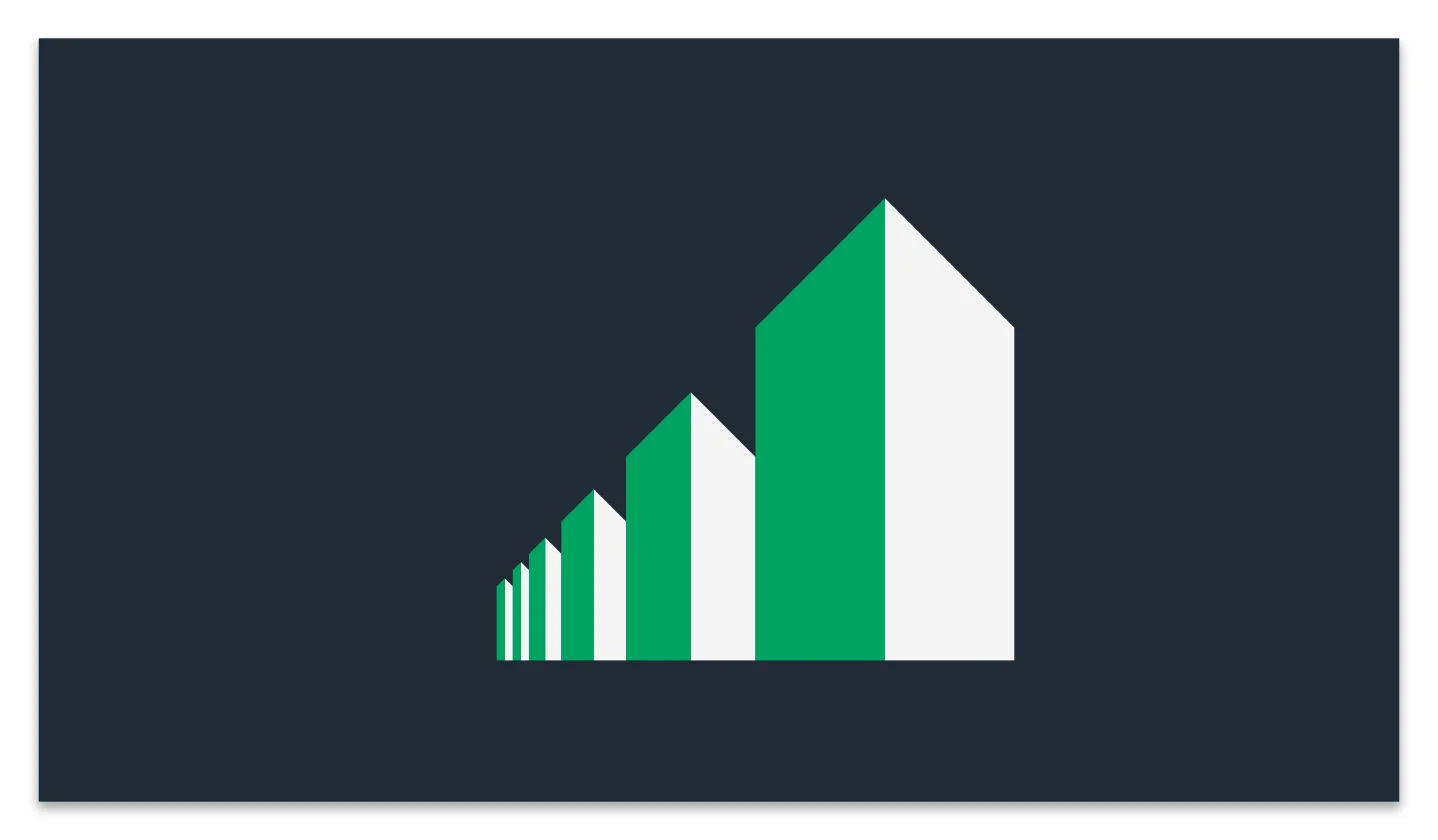 Milliman brand illustration — rising house shapes in green and white on navy