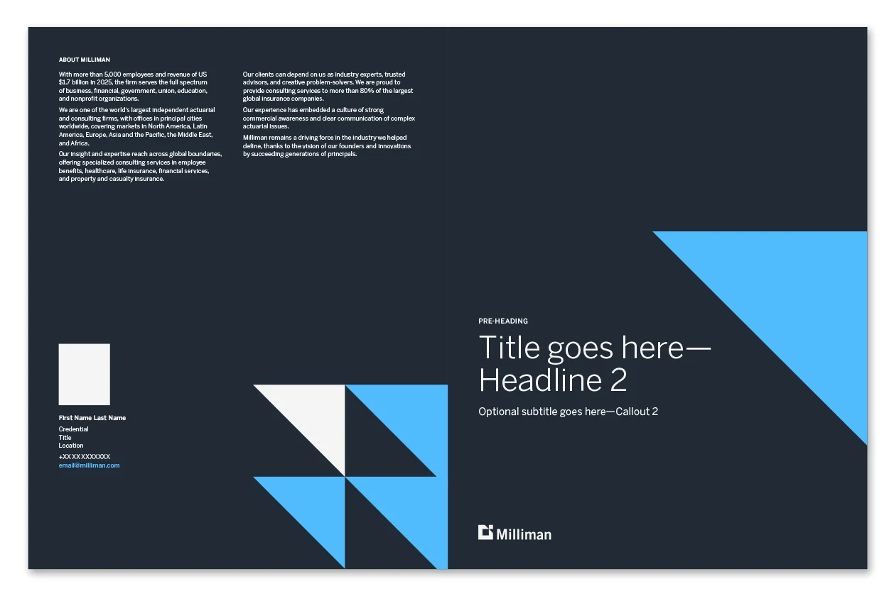 Milliman InDesign brochure template — navy front and back cover with blue triangle graphics