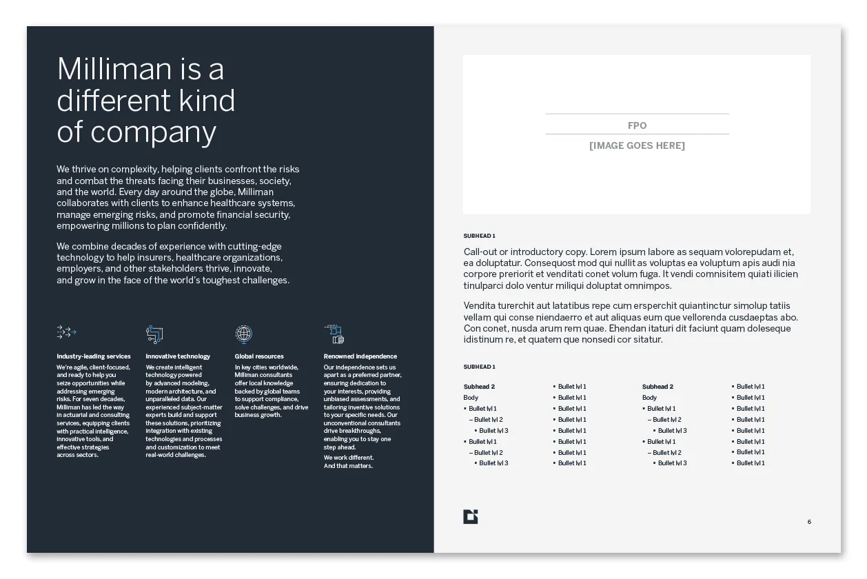 Milliman InDesign brochure template — company overview spread with image placeholder and bullet styles