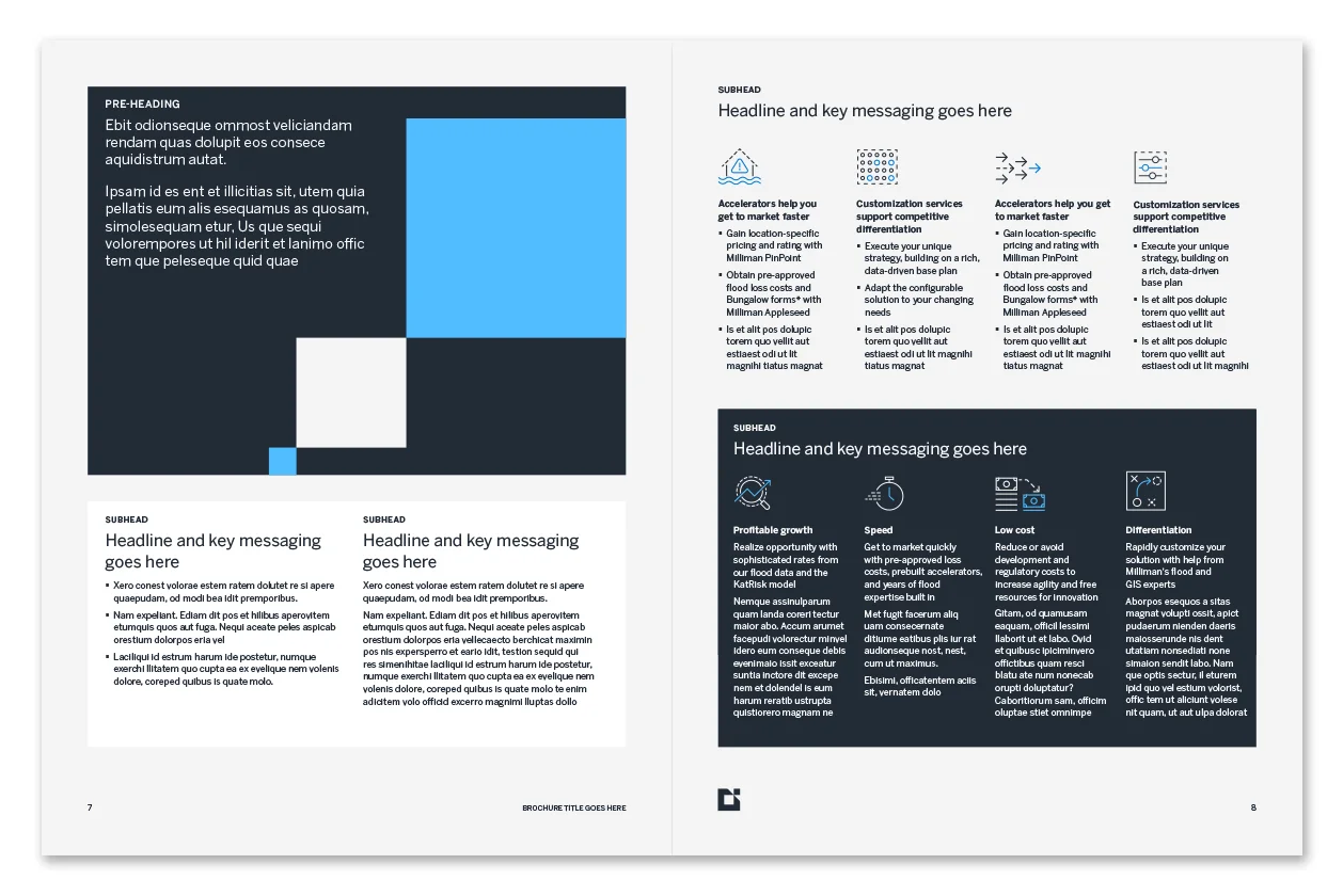 Milliman InDesign brochure template — interior spread with icon grid and headline modules