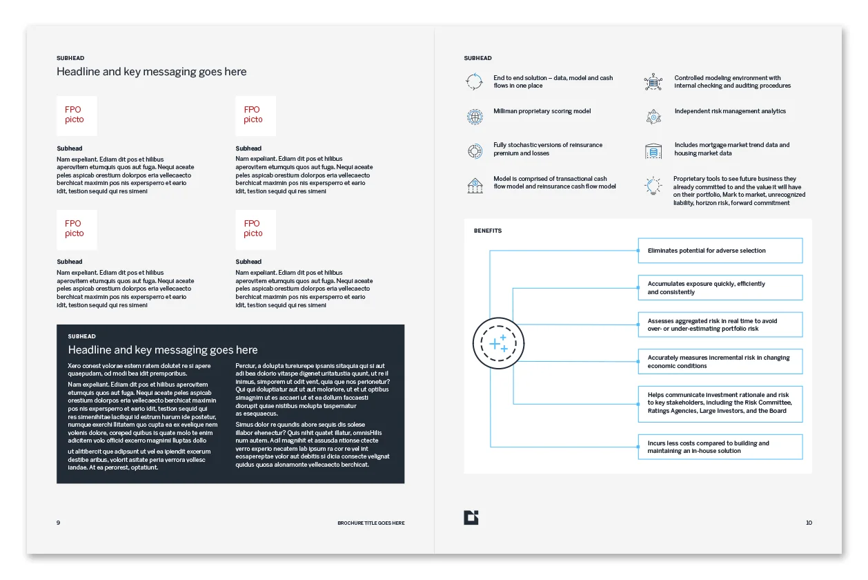 Milliman InDesign brochure template — interior spread with pictogram modules and benefits diagram