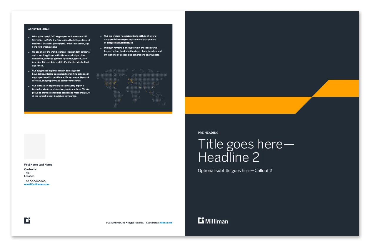Milliman InDesign brochure template — navy front and back cover with orange band graphics