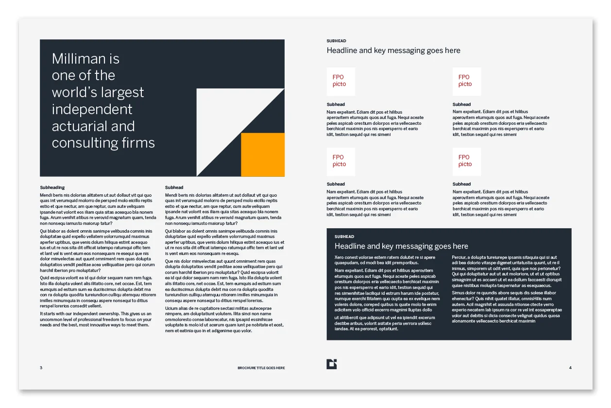 Milliman InDesign brochure template — interior spread with headline panel and two-column text